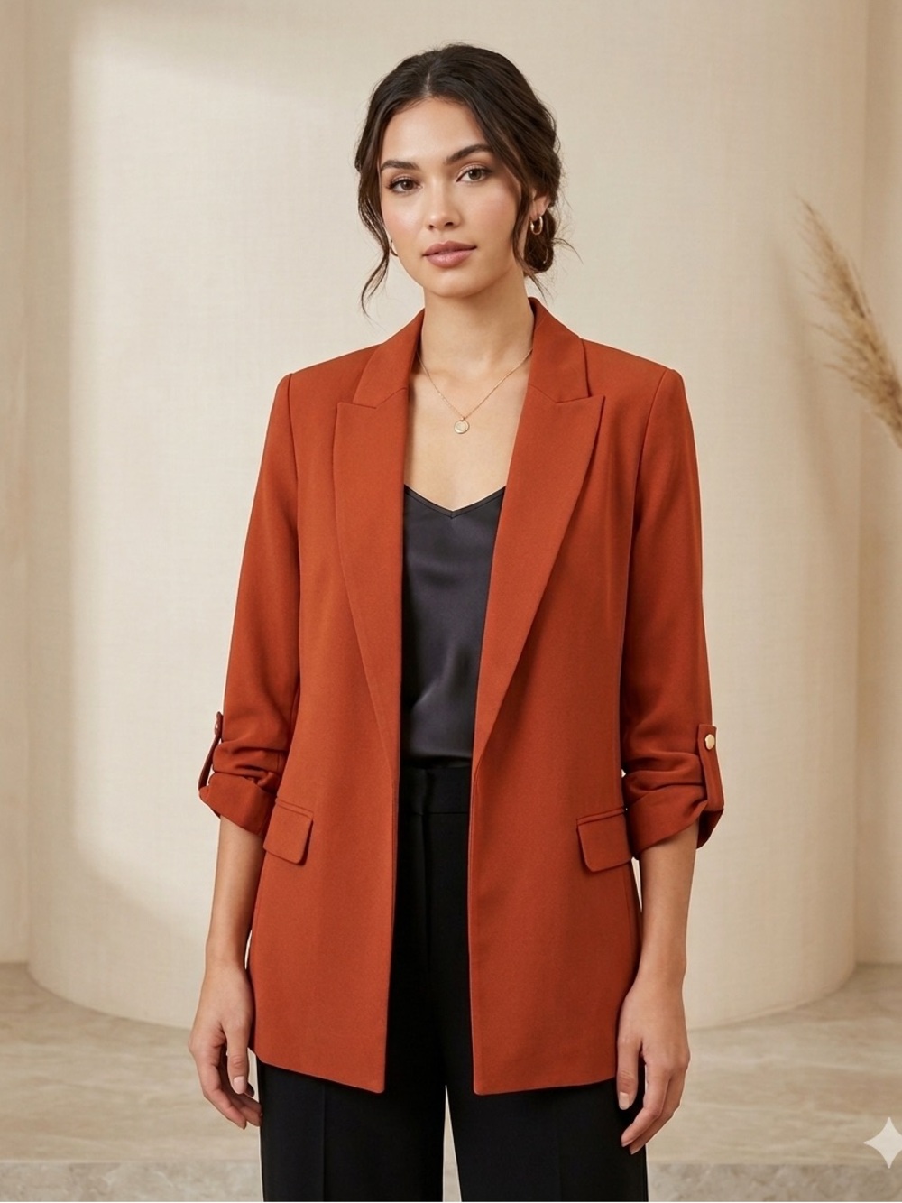 Tahari Rust Open-Front Blazer with Roll-Tab Sleeves